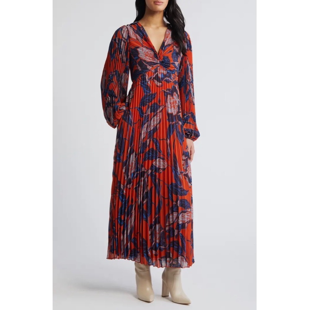 NWT Chelsea28 Floral Print Pleated Long Sleeve Dress Rust Blue Floral Sz XS $149